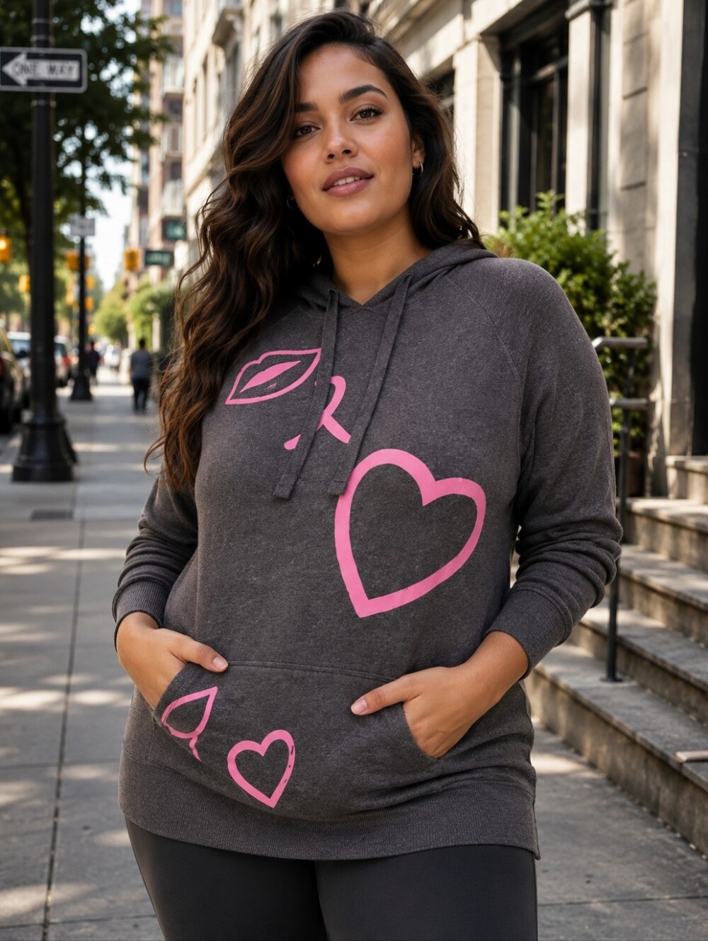 TORRID Womens Breast Cancer Jacquard Raglan Hoodie Sweater Grey Pink 2 2X 18 20